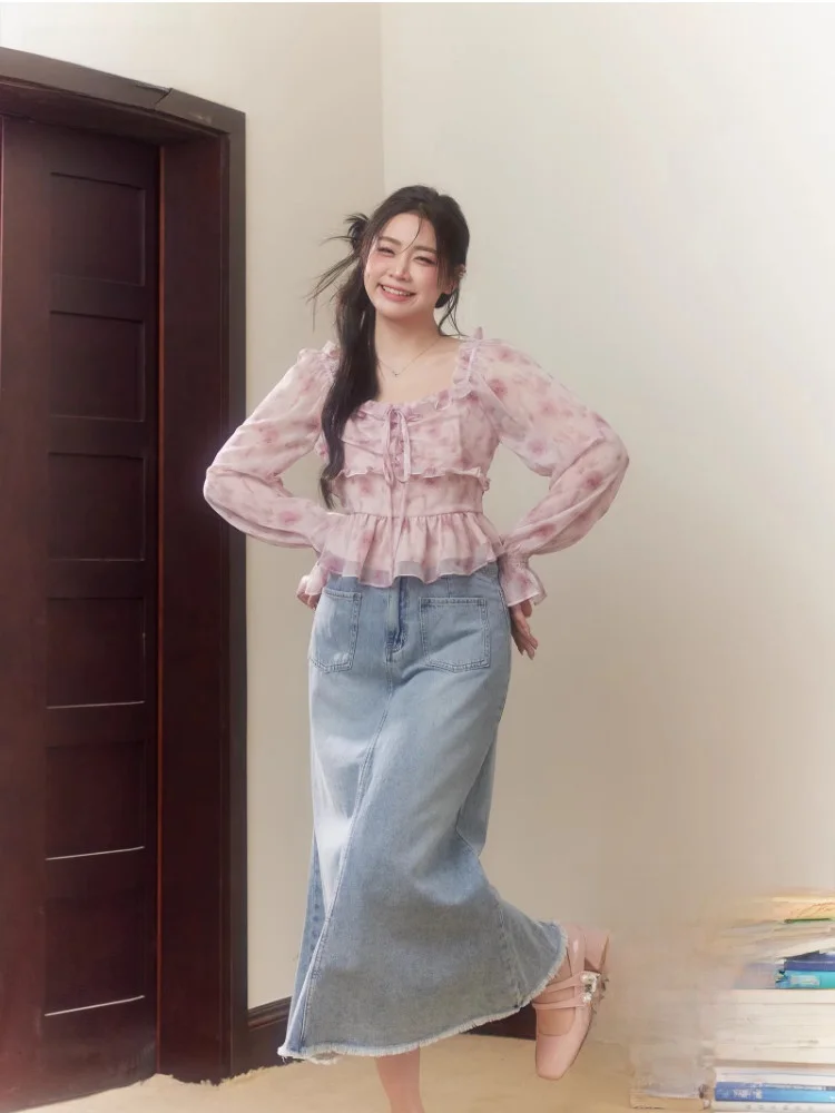 

Невобычный комплект женской одежды больших размеров с топом с цветочным принтом и джинсовой юбкой с высокой талией, весенне-осенний сезон, корейский Sle