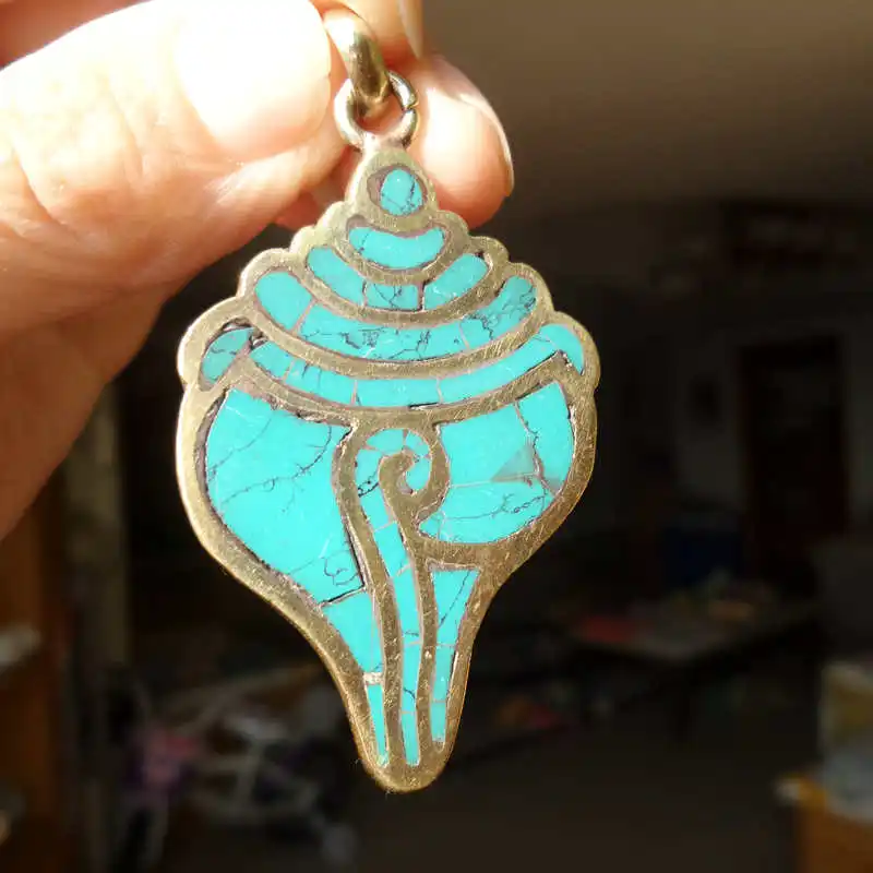 

Tibetan Amulet Brass Inlaid Stone Sea Snail Pendants Big Small TBP151