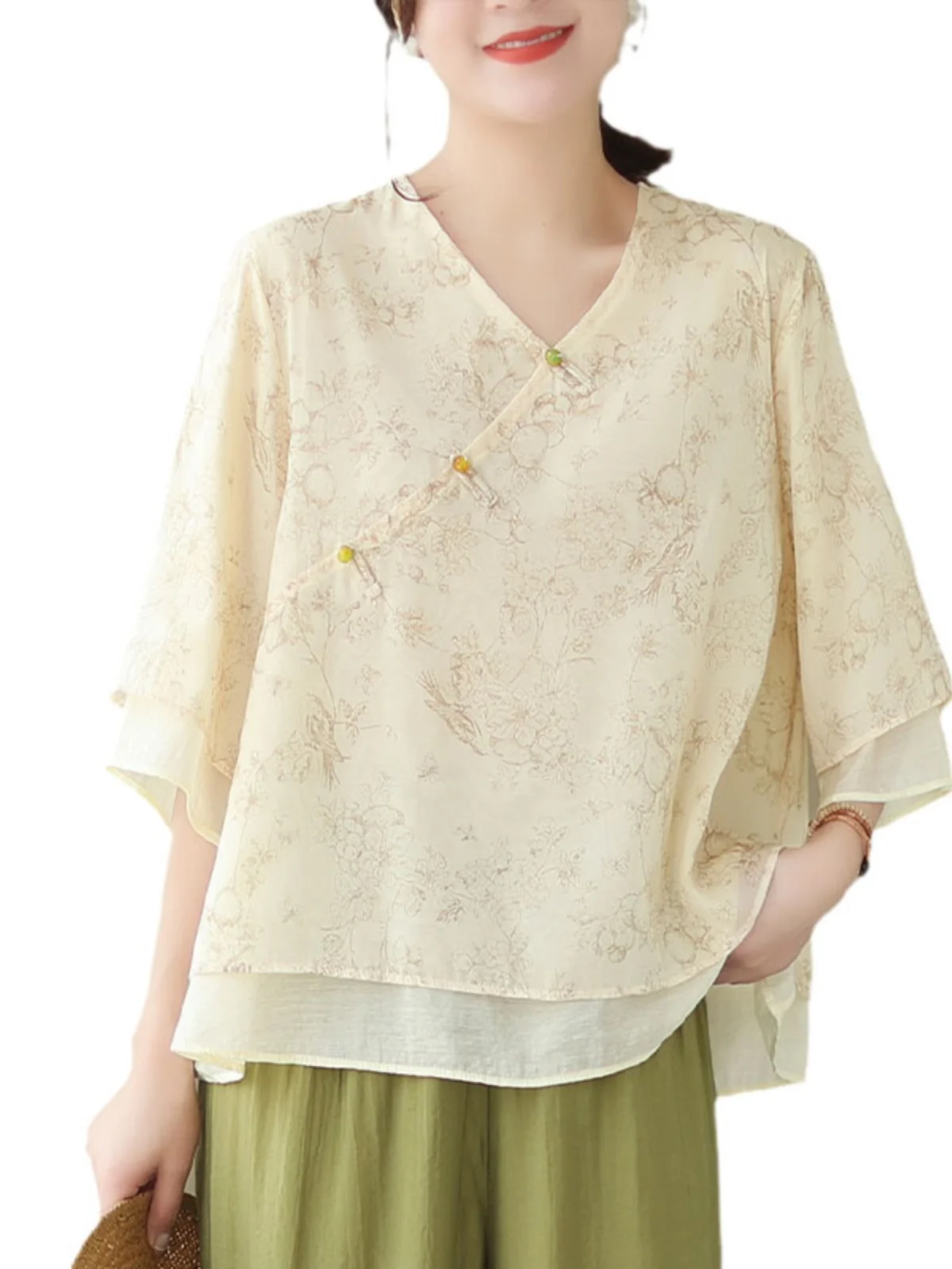 새로운 브랜드 중국산 슬레 코튼 린넨 여성용 브이넥 셔츠 사이드 버튼 티 의상 루즈핏 레귤러 길이