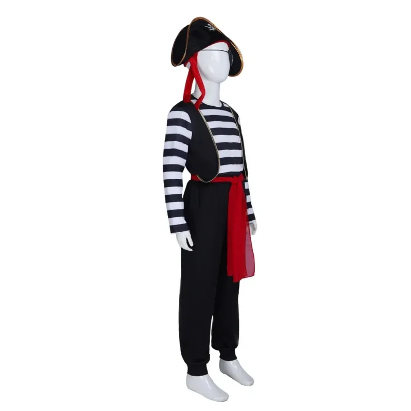 ss13Piraten Kapitän Cosplay Kostüm Kinder Schwarz Weiß Gestreiften Tops Hosen Hut Gürtel Eyeshade Anzug Karibik Piraten Rolle Spielen Hallowe