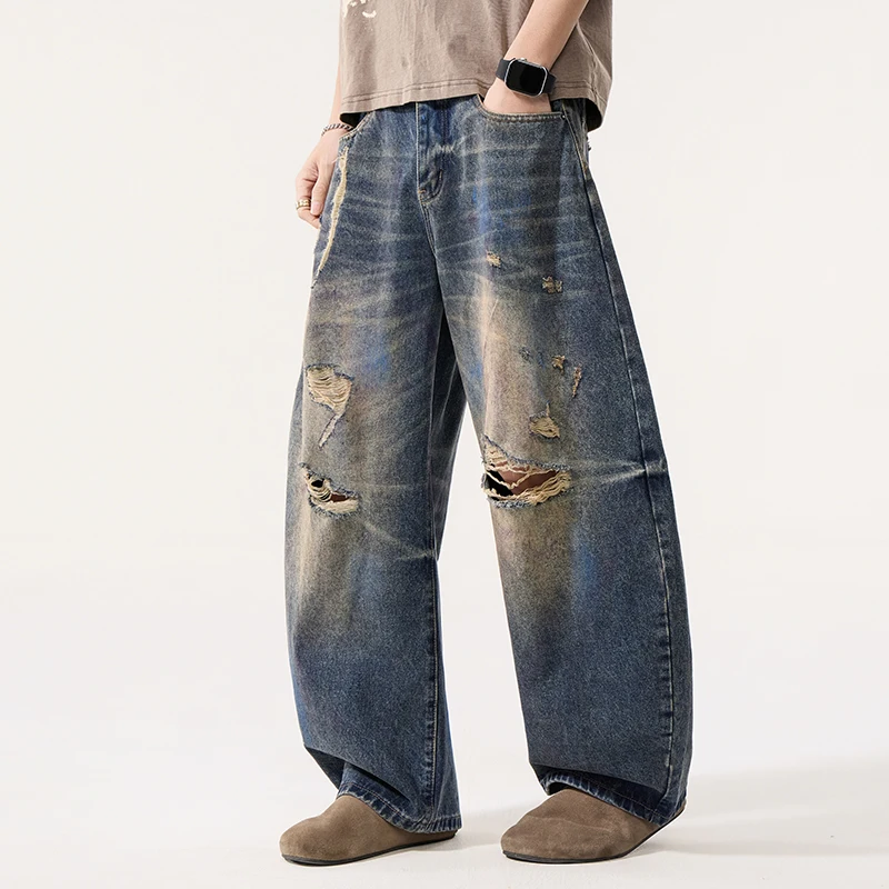 Men Wasteland Fashion Broken Hole Denim Ripped Jeans Pants Streetwear Hip Hop Loose Wide Leg Beggar Machete Jeans Trousers