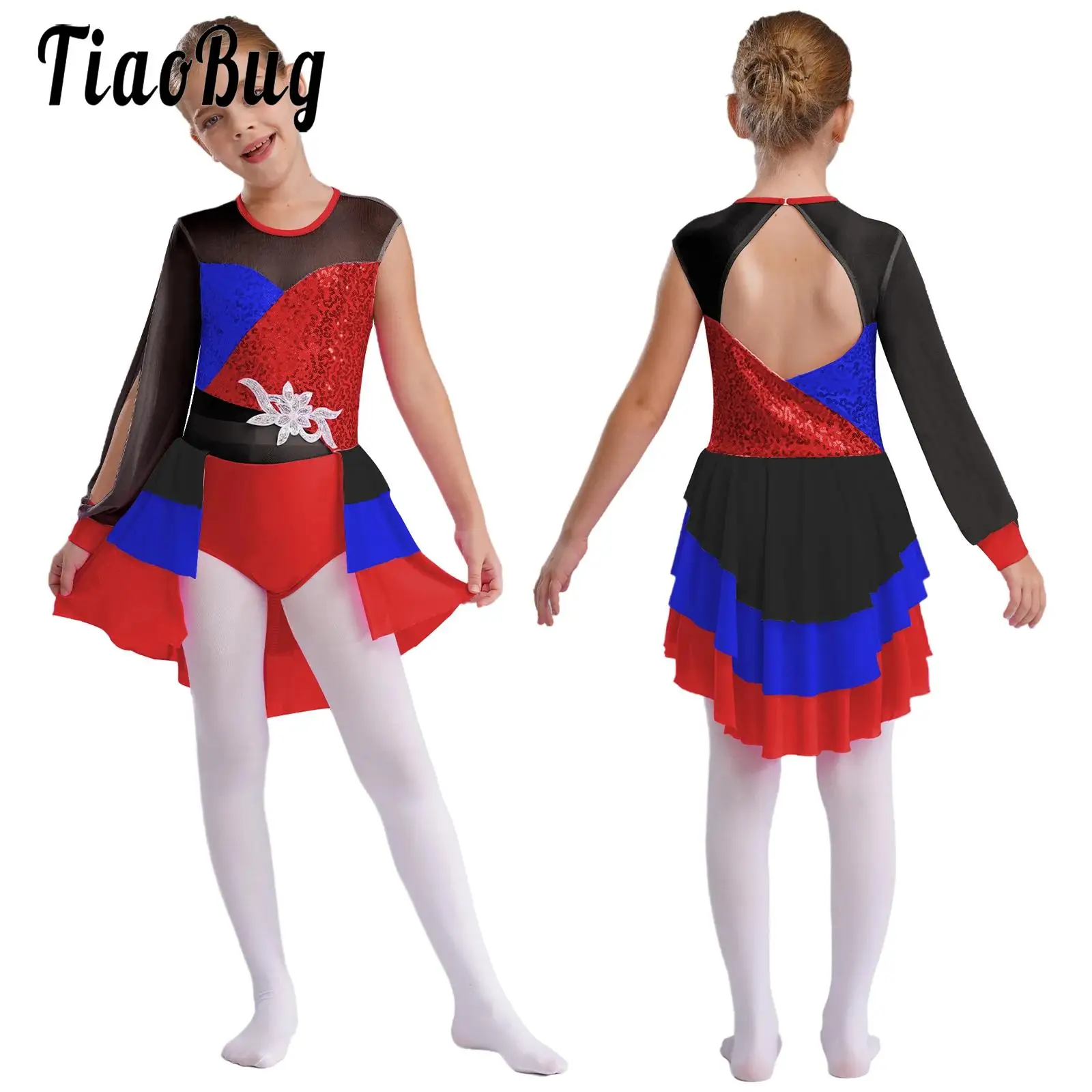 

Girls Leotard for Lyrical Modern Dance Skating Dress Stage Performance Costume Sheer Mesh Patchwork Tiered Ruffled Skirted Dress