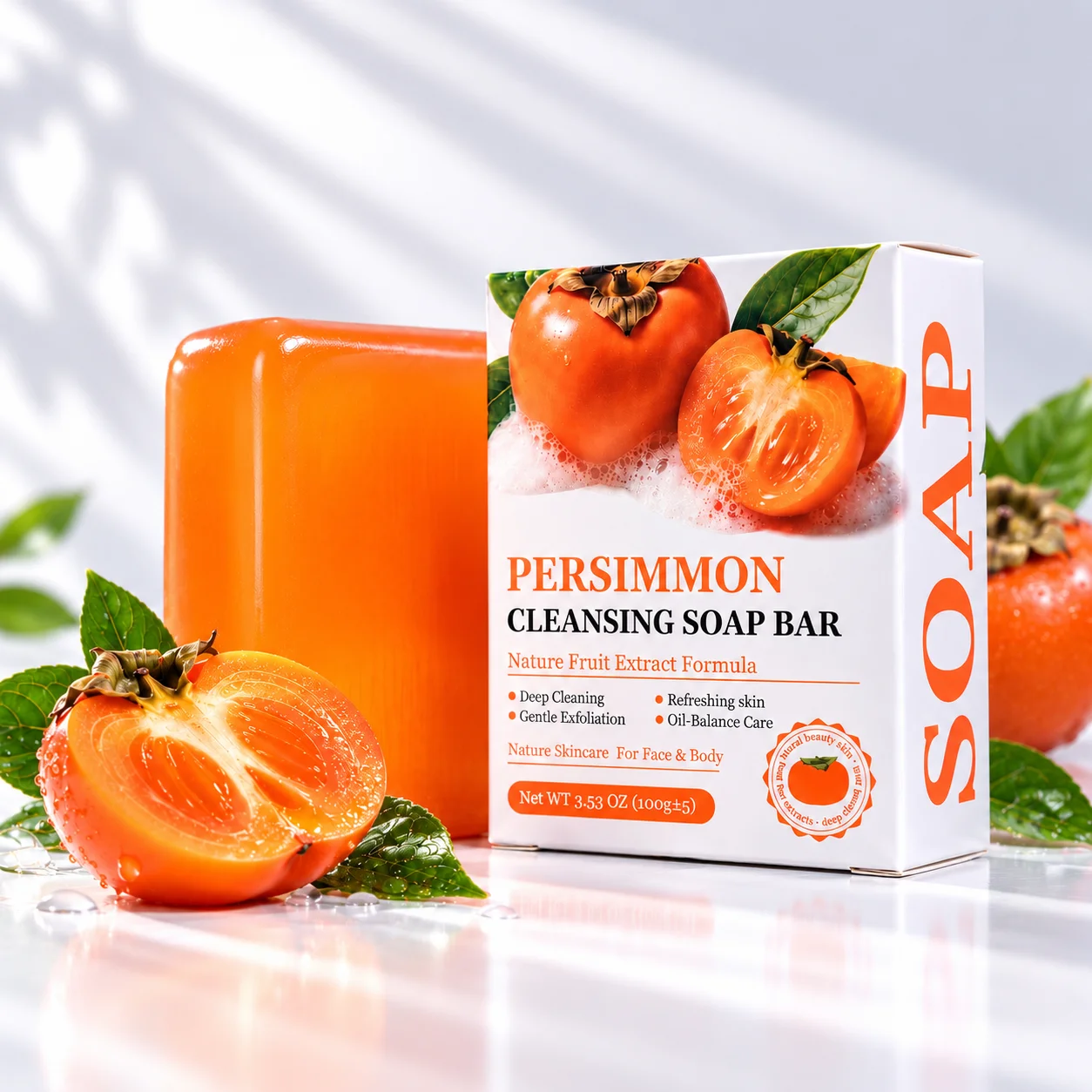 100g Persimmon Cleansing Soap Bar Natural Fruit Extract Deep Cleaning Gentle Exfoliation Oil Balance Refreshing Face & Body Skin