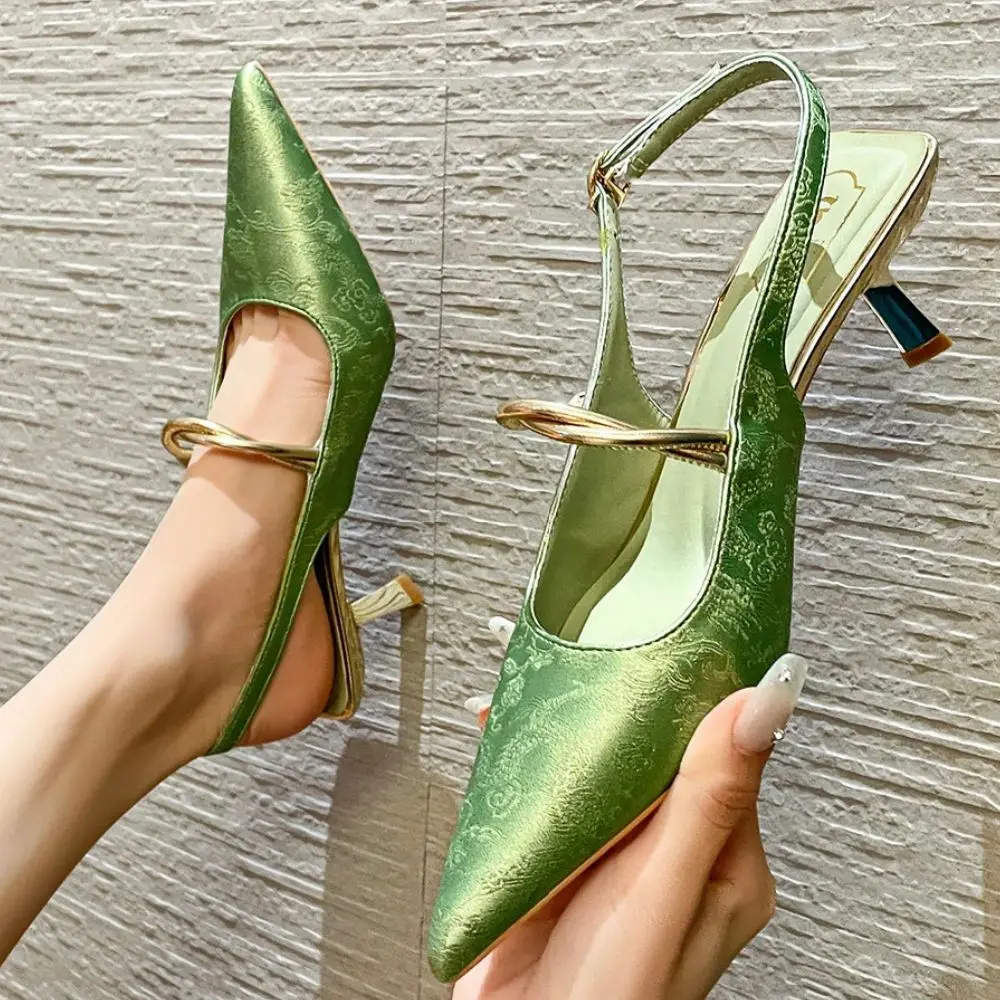 Luxury Design Green Satin Pointed Sandals Pumps Prom Costumes for Women 2024 Summer Lady High-heeled Shoes Slingback Party Dress