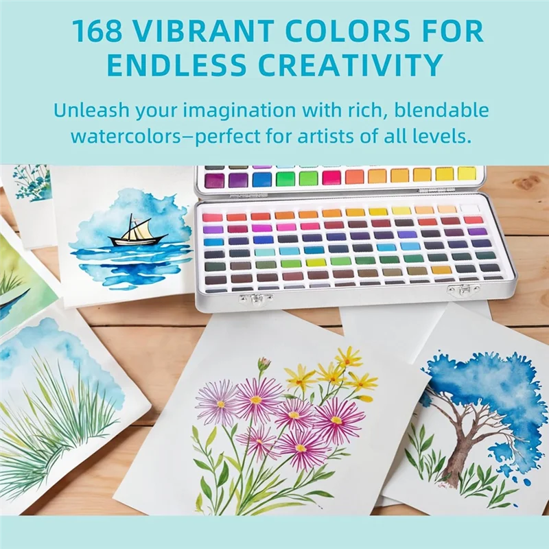 Juego de pintura de acuarela, pinturas de acuarela de 168 colores, juego de pintura con pincel de agua y pinceles de nailon, para principiantes