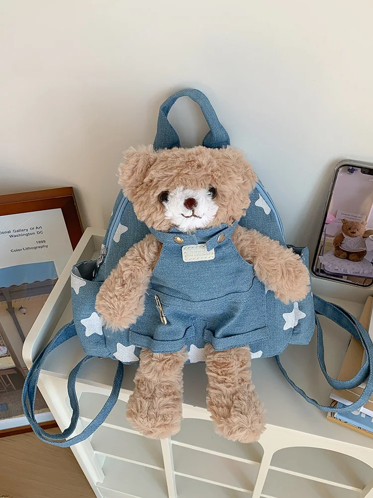 Japanese-style Cute Playful Girls Backpack With Removable Plush Bear Casual Travel Plush Bag Large-capacity Backpack Kids Gift