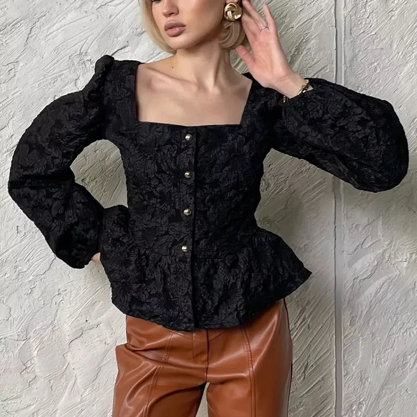 Ladies Elegant Jacquard Square Neck Puff Sleeve Blouse, Button Front Peplum Top for Party, Office and Daily Wear view 4