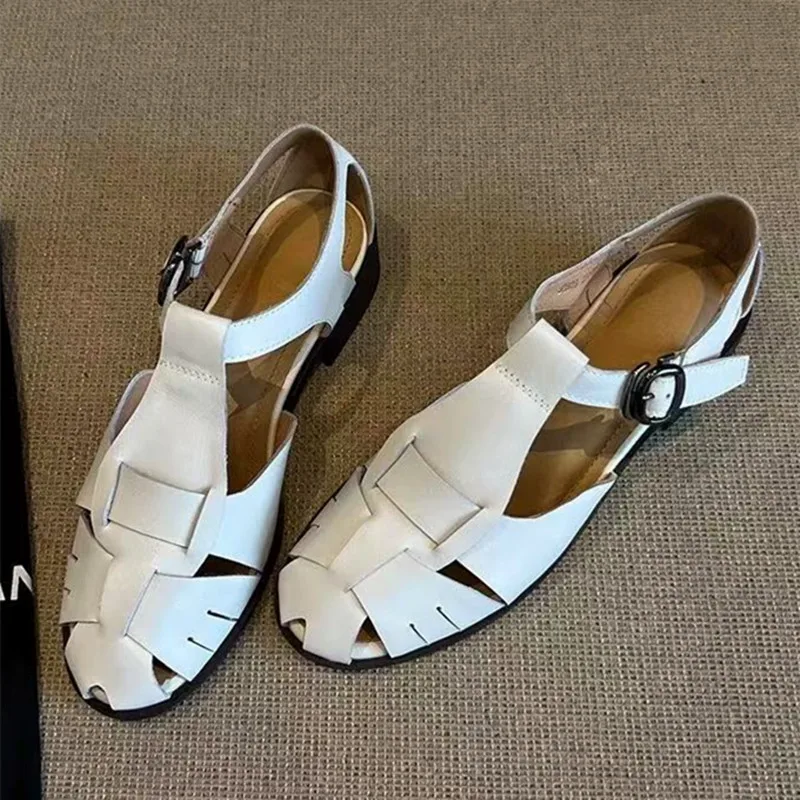 

Roman-Style Gladiator Sandals Women Comfort Square-Heel Metal Buckle Straps Flats Sandals Openwork Woven Design Shoes for Women
