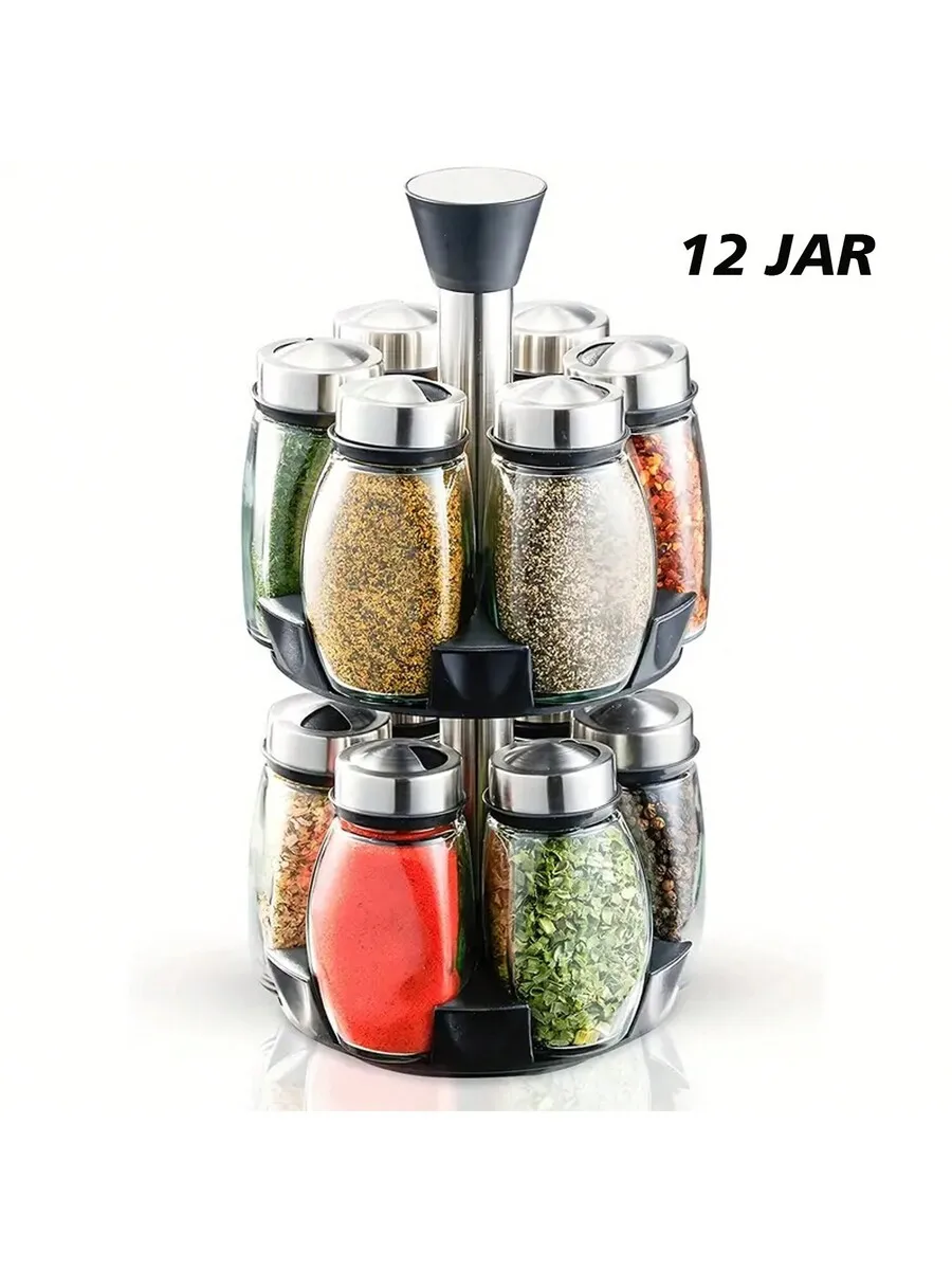 

12-Jar Capacity Rotating Spice Rack Tower - 360° Rotation, Lead-Free, Polished Metal, Glass Jars - Space-Saving Kitchen Storage