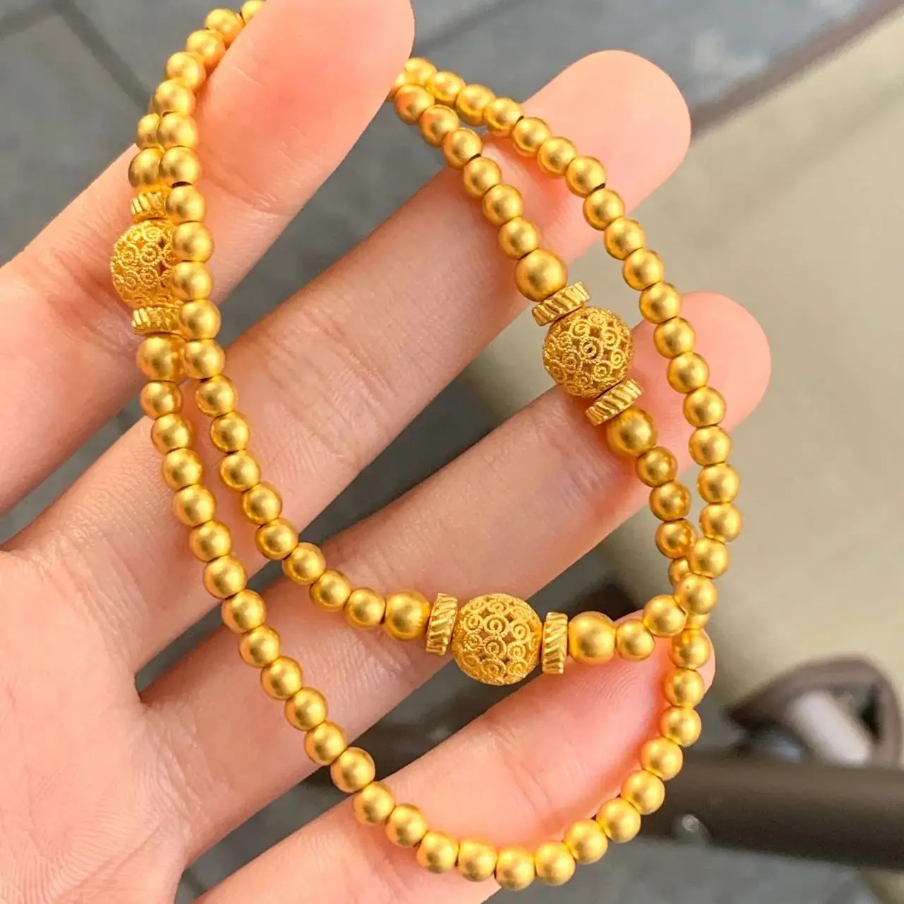 9999 24K real gold palace style hollow flower bead bracelet double circle bracelet Small round bead fashion retro women's bracel