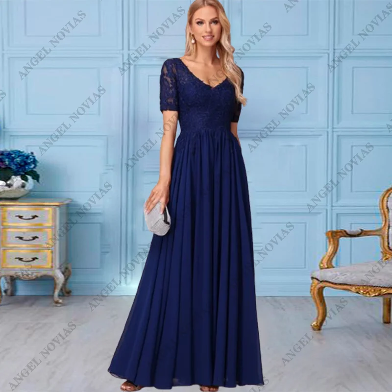 

Customized Long Elegant Blue Chiffon Mother of the Bride Dress V Neckline Wedding Party Dress Vestidos Para Madre De Novia