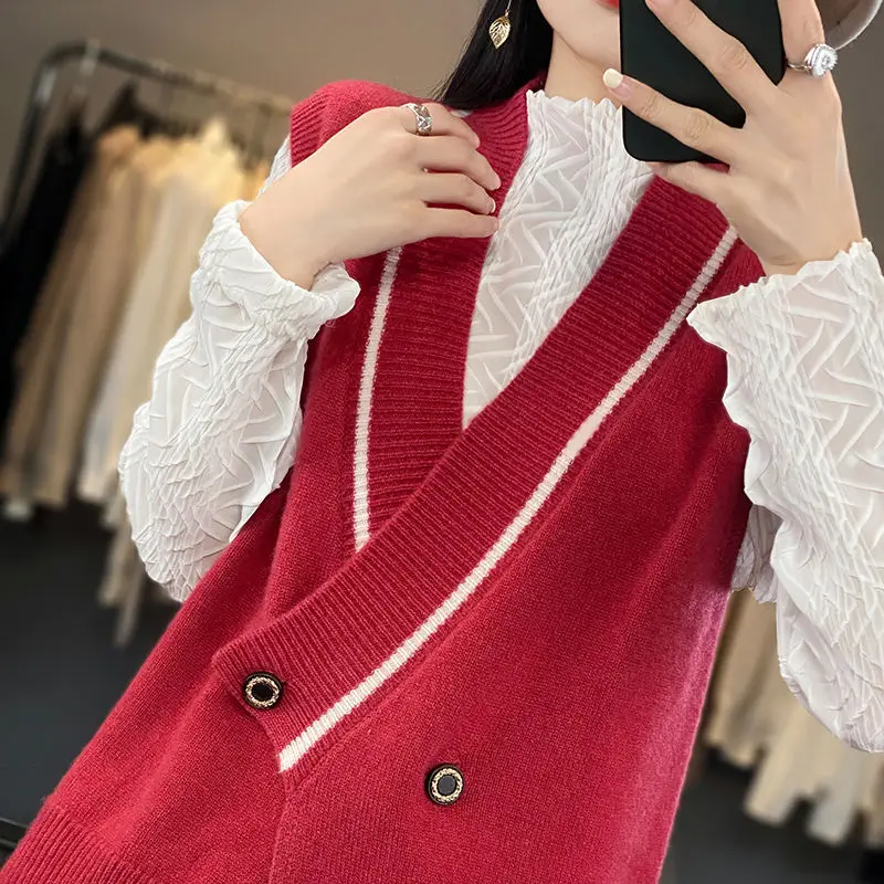 2023 New V-neck Sweater Women\'s Tank Top Knitted Cardigan Loose Spring and Autumn Sweater Coat Sleeveless Tank Top