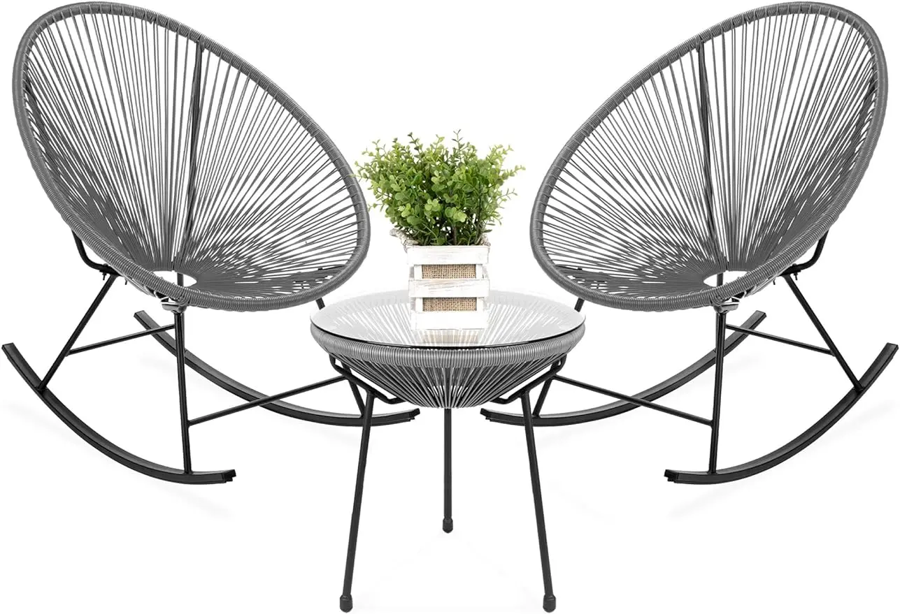 3-Piece Outdoor Acapulco All-Weather Woven Rope Patio Conversation Bistro Set w/Glass Top Table and 2 Rocking Chairs