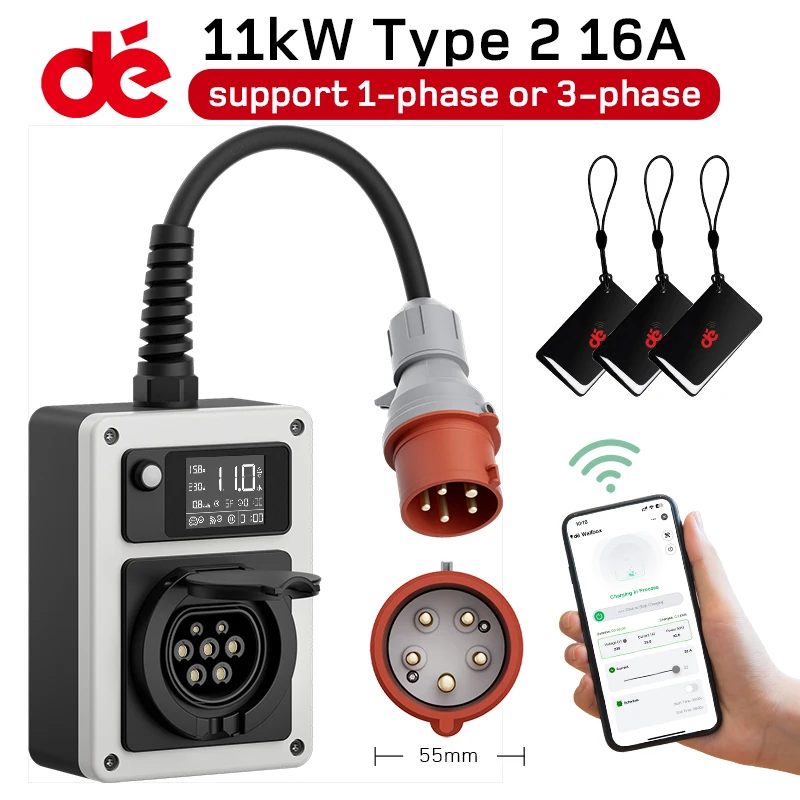 dé Wallbox with App 11kW 22kW CEE to Type 2 Socket EV Charger 16A 32A 3Phase RFID Control Electric Vehicle Charger