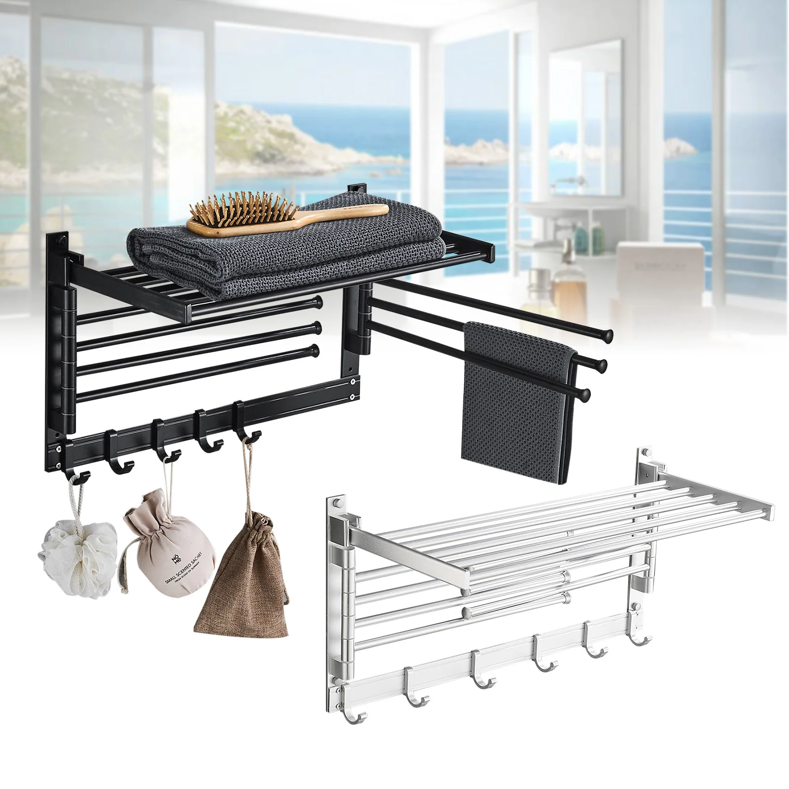 40cm Modern Space Aluminum Towel Bar with Hooks & Swing Arms - Durable Bathroom & Laundry Room Accessory (Available in Black & S