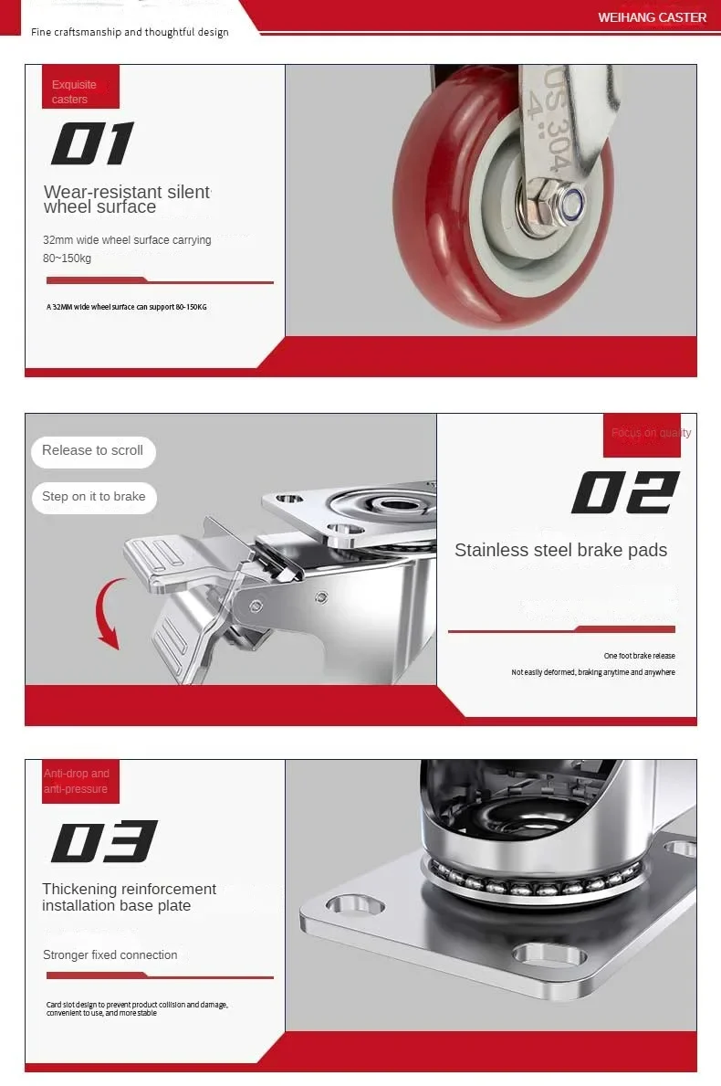 4pcs 5inch Medium304 Stainless Steel Polyurethane Caster mute No Rust Silent Wheel Rigid Swivel Brake Wheel Industrial Casters