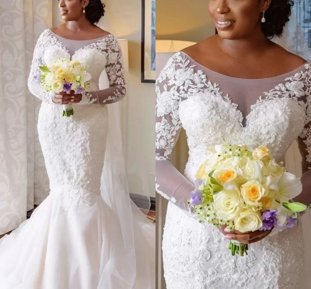 

Customized Plus Size Mermaid Wedding Dresses Sheer Jewel Long Sleeves Bride Gowns Sexy African Nigerian Lace Applique