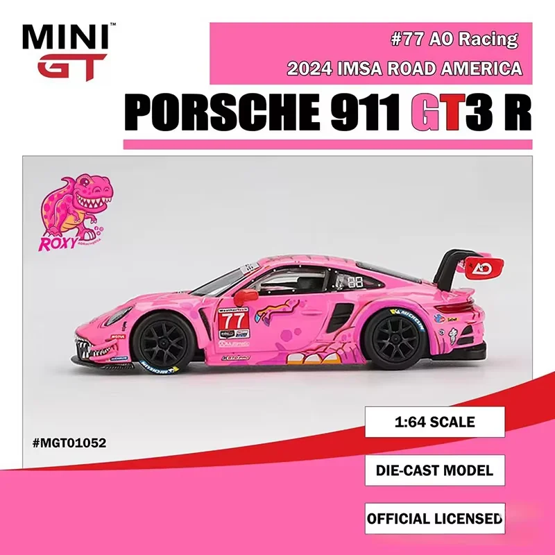 MINIGT 1:64 Porsche 911 GT3 R # 77 AO dinosaure rose à oreilles rouges IMSA modèle de voiture 1052