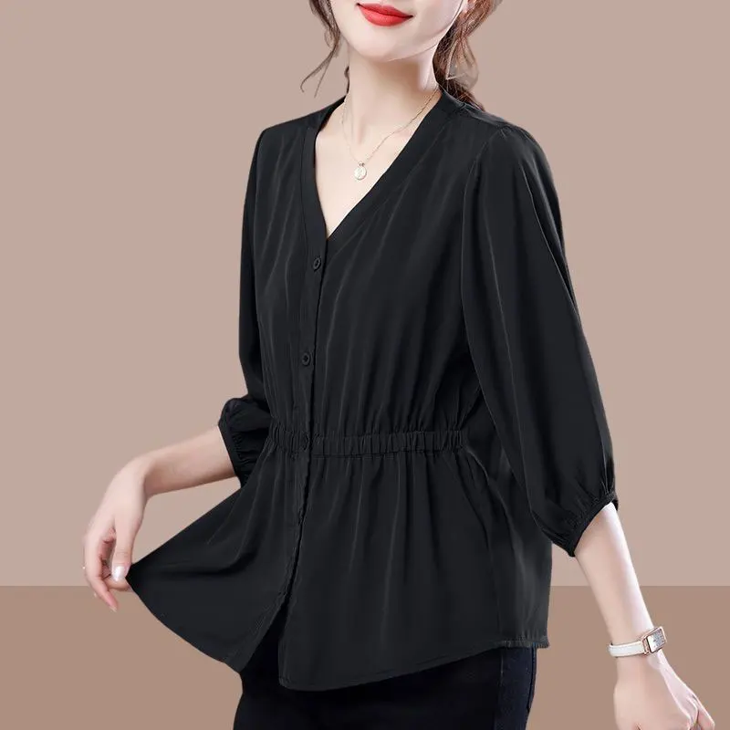 

Chiffon Shirts for Women Monochromatic V-neck 3/4 Sleeve Casual Loose All-match Trendy Fashion Clothes Temperament Tops Summer