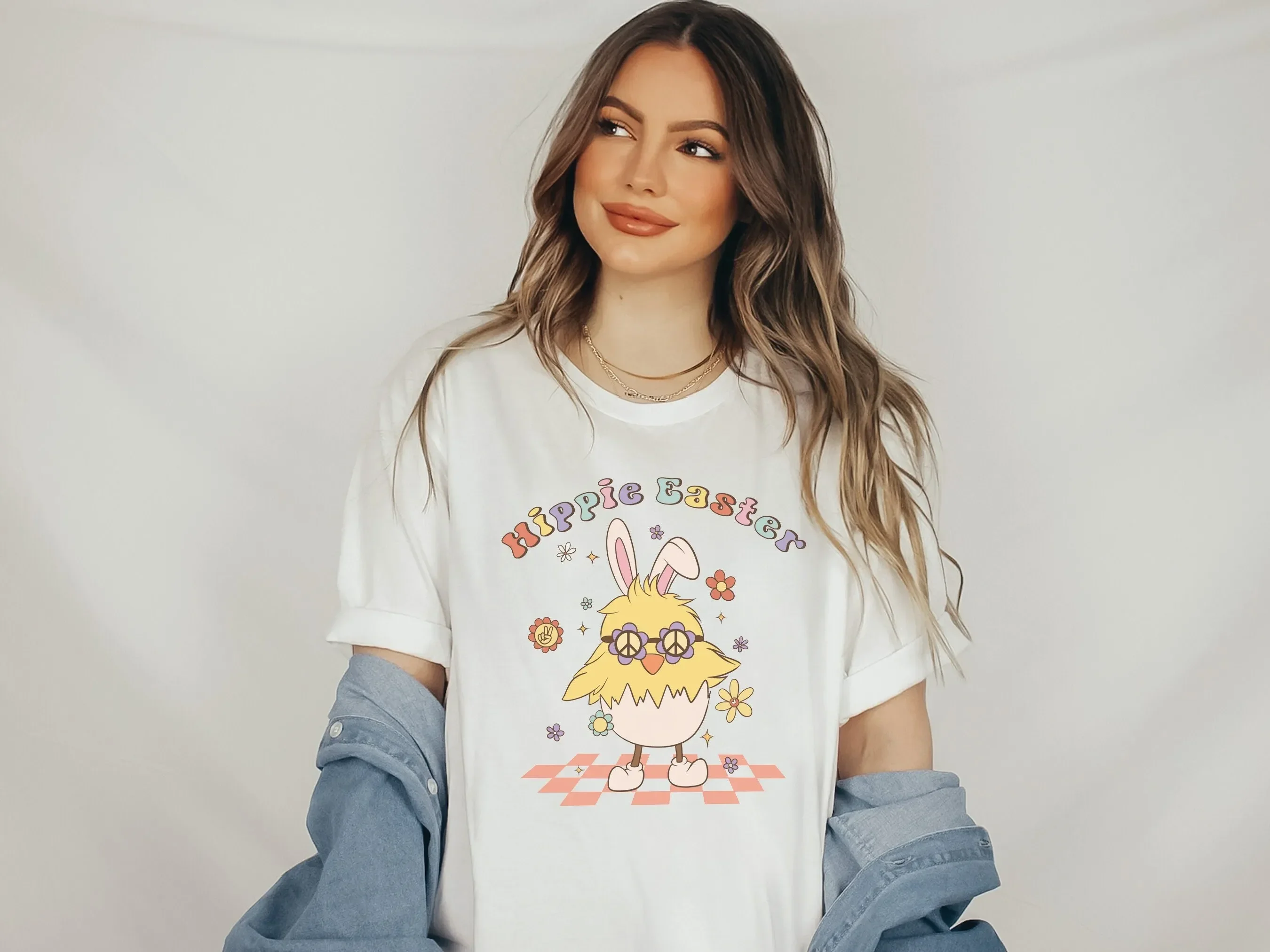 Retro Easter T Shirt Groovy Chick Hippie Trendy Checkerboard Pastel Day For Her
