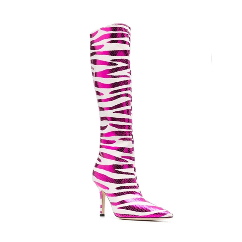 2022 New Sexy Zebra Print Knee-high Women's Boots Autumn Fashion High Boots Stiletto Pointed Toe Party Shoes Large Size 43