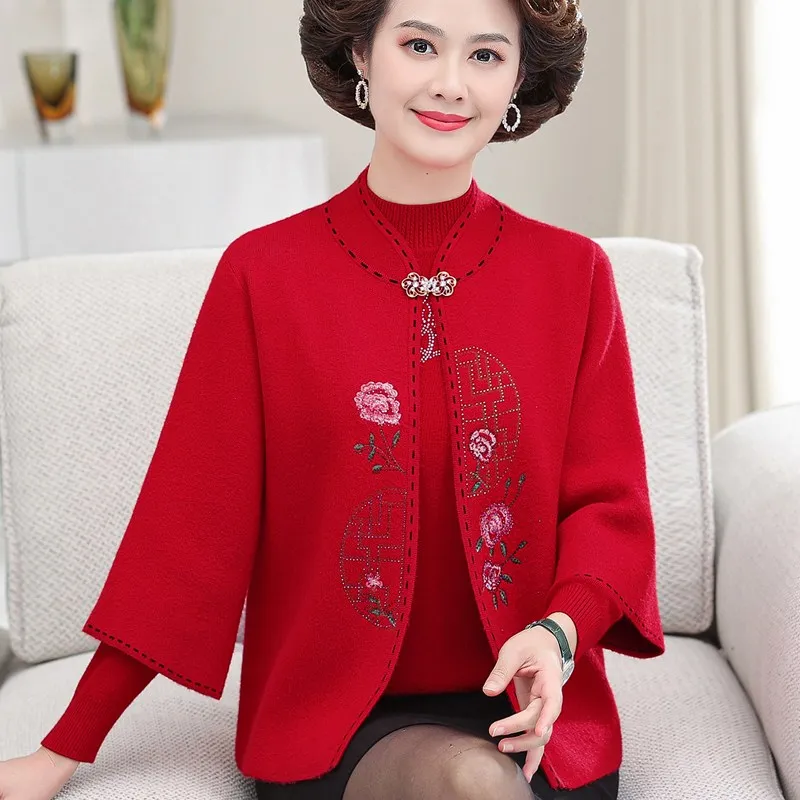 New Spring Noble Mother Wool Sweater High Quality Knitted Cashmere Cardigan 2 Piece Sets Middle Aged Women Short Sweater Coat