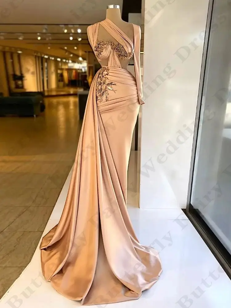 Elegant Fascinating Long Evening Dresses Gorgeous Satin Sweet Beautiful Off Shoulder Long Sleeves Slimming Mopping Prom Gowns