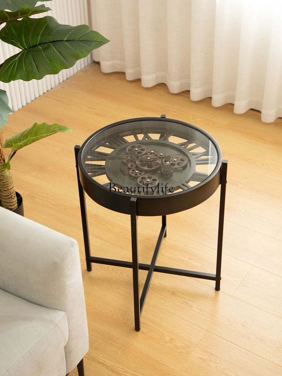 

American Style Retro Creative Coffee Table French Home Living Room Sofa Gear Clock Dual-Use Side Table