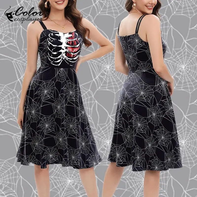 

Color Cosplayer Gothic Black Dress Women Skeleton Witch Cosplay Costume Spider Web Pattern Slip Dress Carnival Party Outfit