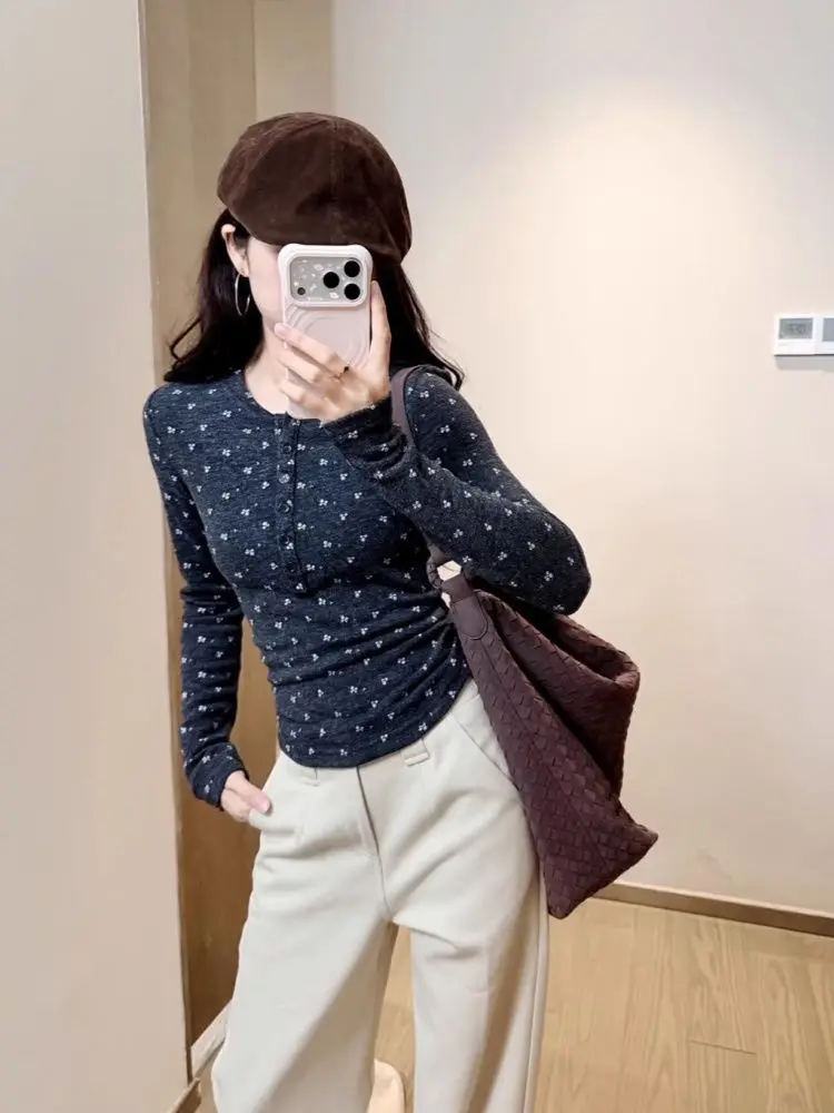 Korean Trendy Sweet Girls Dark Gray Floral Print Long Sleeve Top - Fleece Lined Thermal Shirt Slim Fit Full Sleeve Warm Basic