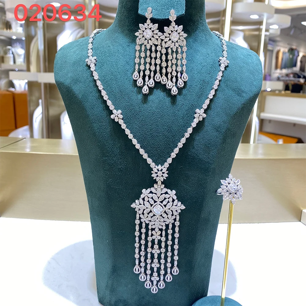 020634 Long Necklace Set for Women Cubic Zirconia 3 Pcs Jewelry Set for Women Bridal Wedding Engagement Party Accessories