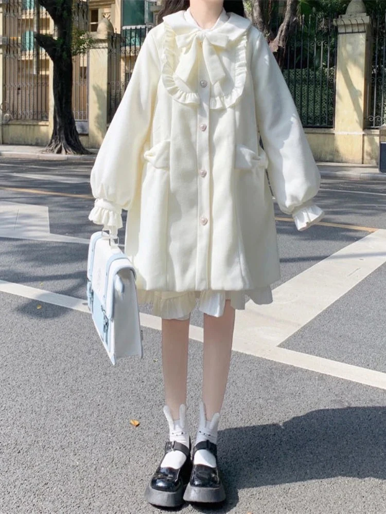 Japanese Sweet Bow Preppy Style Coat Women Patchwork Ruffled Harajuku A-line Jackets Y2k Aesthetic Grunge Single Breasted Jacket #1