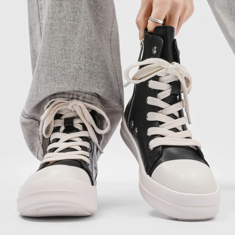 

Korean style mens casual original leather boots lace-up black white flats shoes designer cowboy platform boot cool ankle botas