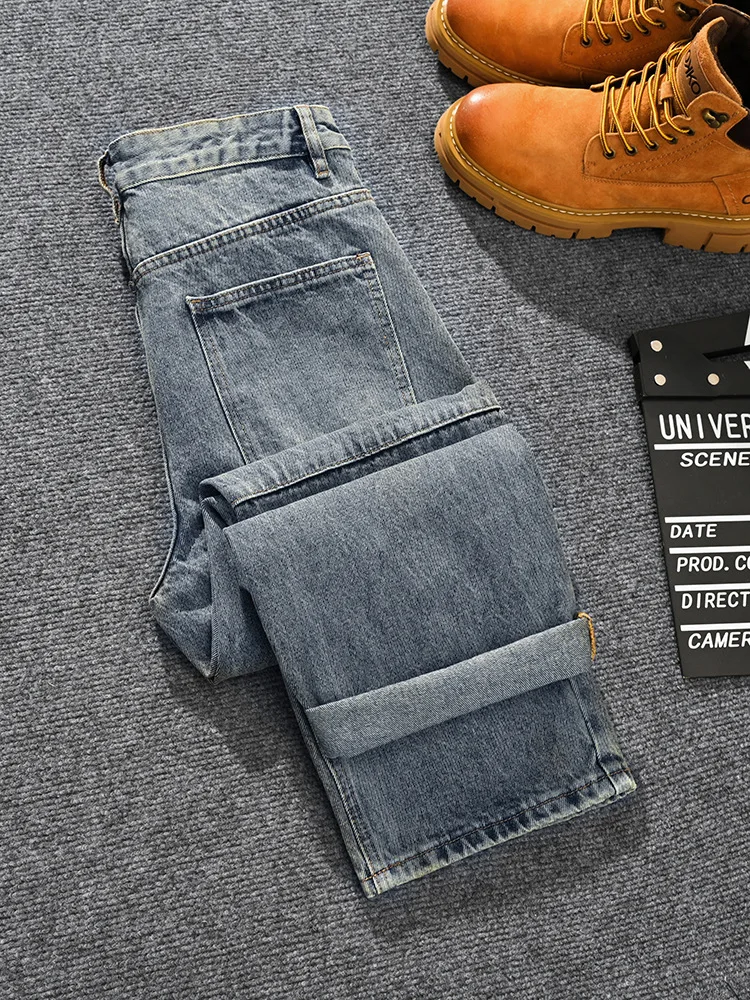 

American fashion brand retro nostalgic loose straight leg ripped jeans for men, street ruff and stylish wide leg pants