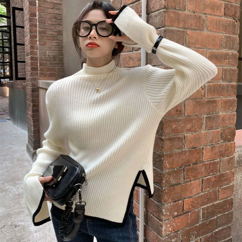 Xpqbb Women\'s Turtleneck Sweater and Pullover Fashion Side Slit Asymmetrical Knitted Sweaters Korean Slim Streetwear Jumpers