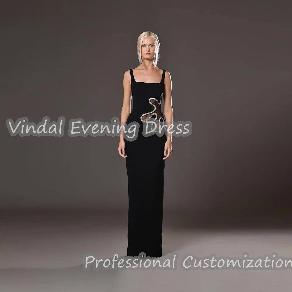 

Vindal Prom Dress Square Neckline Floor Length Beaded Straight Elegant luxurious Crepe Saudi Arabia Sleeveless For Woman 2024