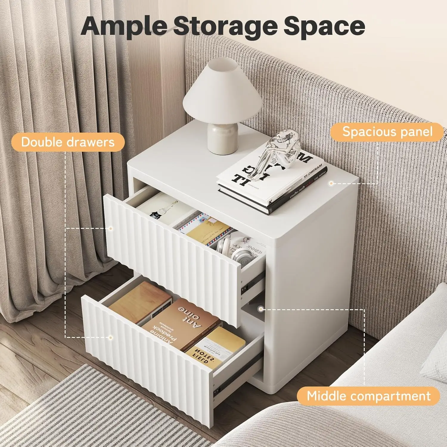 Mesa de noche estriada Dripex con 2 cajones, mesita de noche grande y ancha de madera para dormitorio, moderna de mediados de siglo