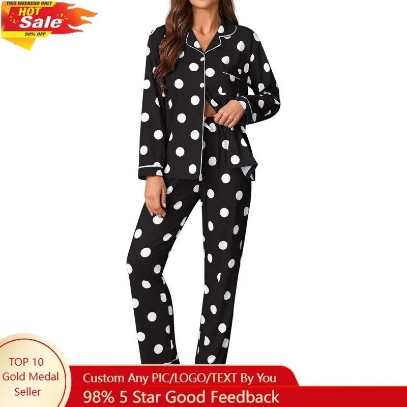 ชุดนอนผู้หญิงแบบ 2 ชิ้น ชุดลำลองแขนยาวติดกระดุม ลายจุดน่ารัก ชุดนอนเนื้อนุ่ม มีกระเป๋าหน้าอก