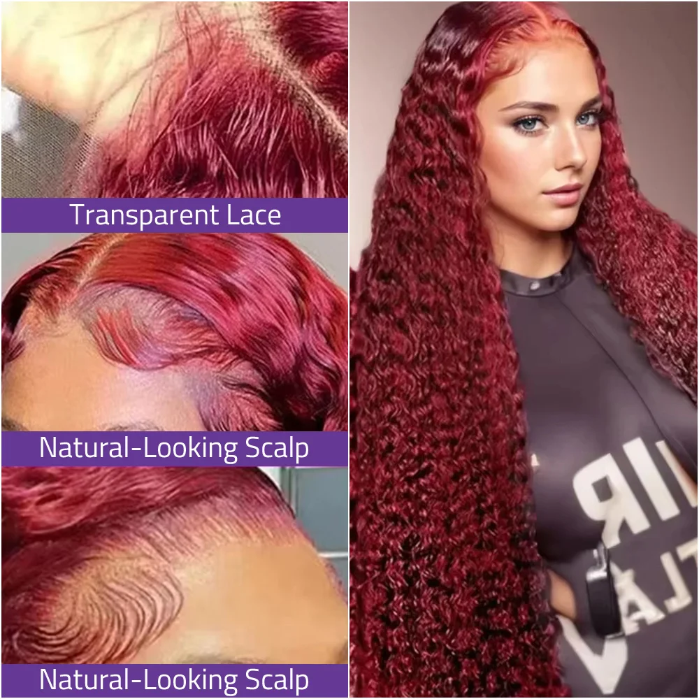 بورجوندي موجة عميقة 13x6 HD الدانتيل أمامي باروكة من شعر طبيعي، # 99J شعر مستعار دانتيل أمامي مجعد أحمر اللون مقاس 36 بوصة مقاس 13 × 4 للنساء.