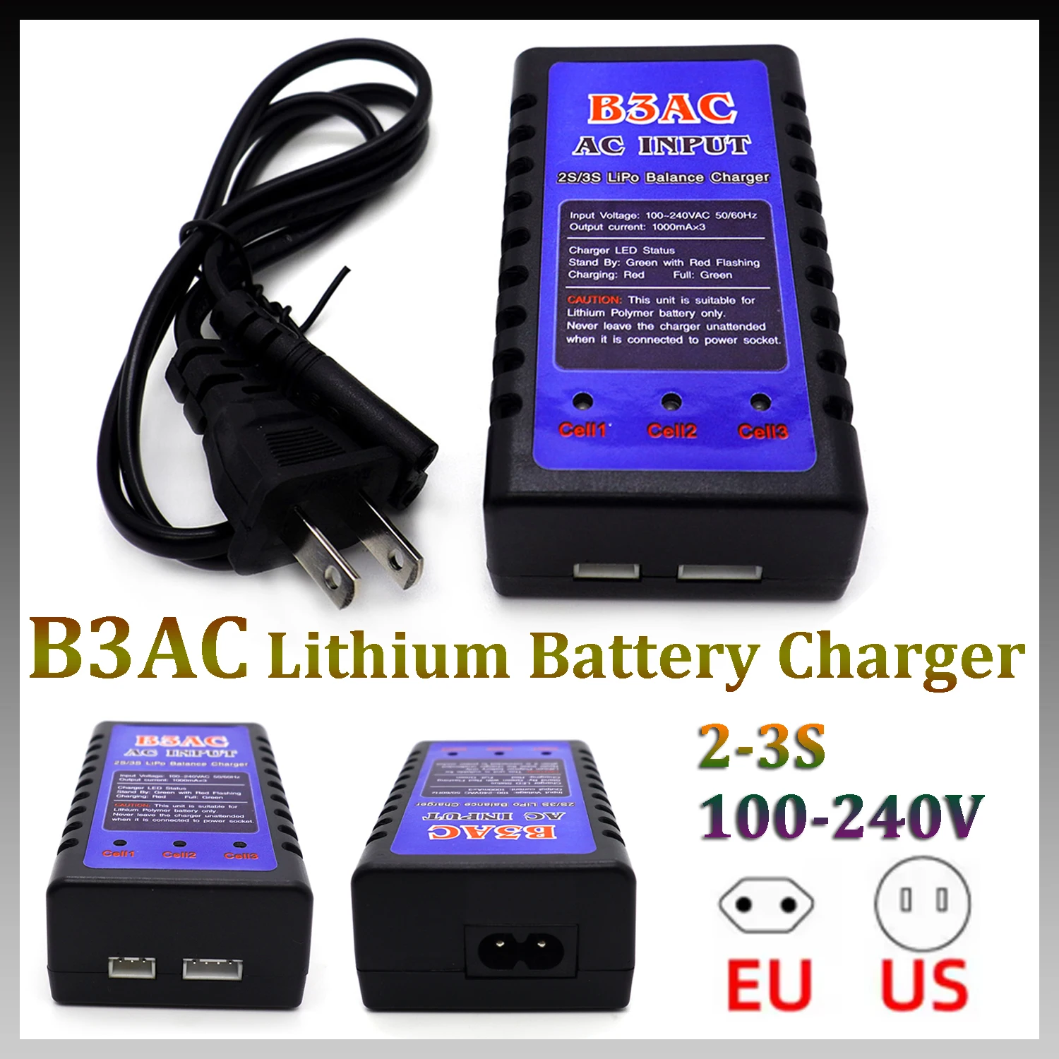 

B3AC 2-3S Lipo Battery Charger 100-240V AC 50/60 Hz Balance Compact Charger With 3 Led Light for RC Drone Helicopeter Car Model