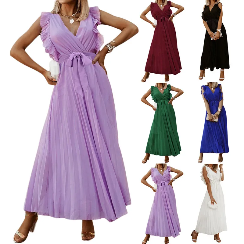 

Women Temperament Long Dress Summer Elegant Solid Color High Waist Ruffle Sleeve V Neck Pleated Chiffon Dresses with Waistbelt