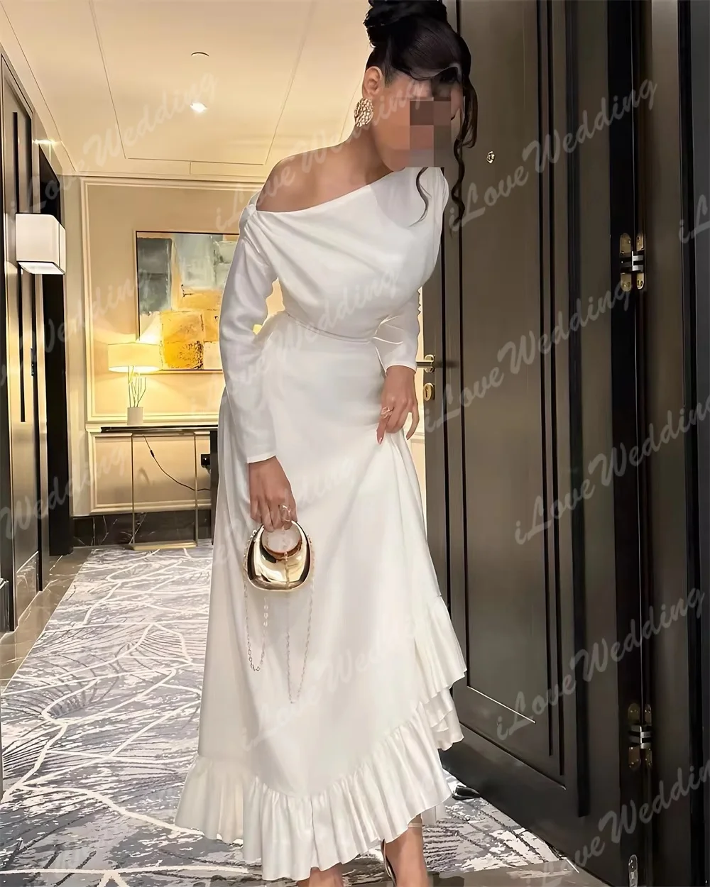 Robe de bal trapèze blanche personnalisée, asymétrique épaule dénudée, élégante, manches longues, longueur au sol, robe de soirée saoudienne, 2025
