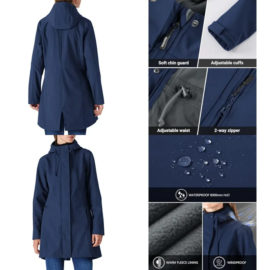 Women's Lightweight Waterproof Fleece Lined Hooded Softshell Rain Jacket, Warm Windbreaker Long Coat