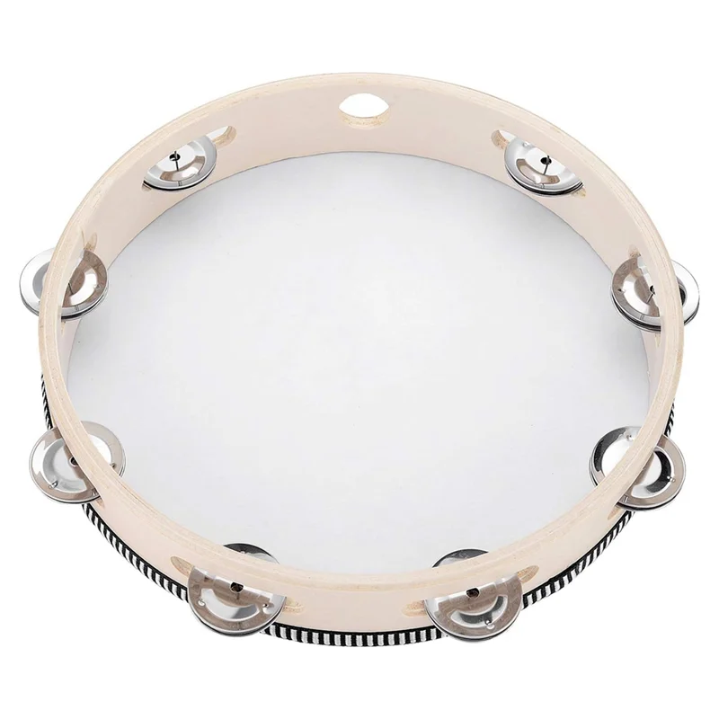 AT41Tambourine for Adults 10 Inch Hand Held Drum Bell Birch Metal Jingles Percussion Gift Musical Educational Instrument