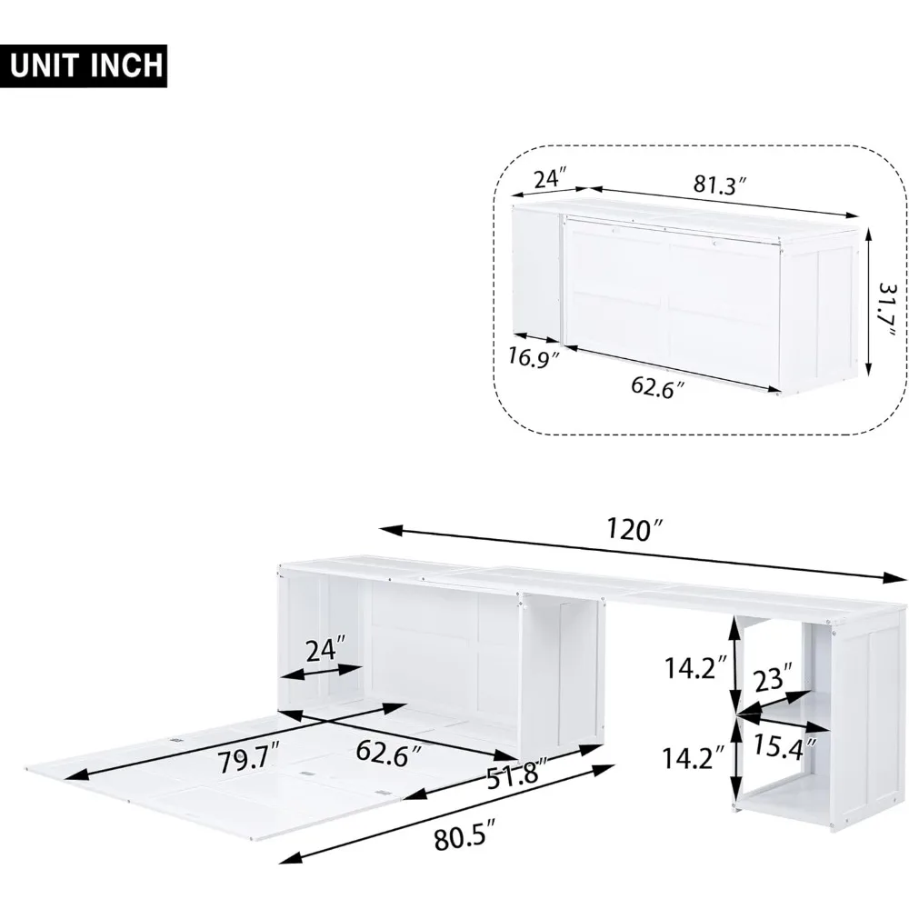 Murphy Bed with Rotatable Desk, Space Saving Design Firm and Sturdy Foldable Pull-out Bed Cabinet Pine Flat Noodles Furniture