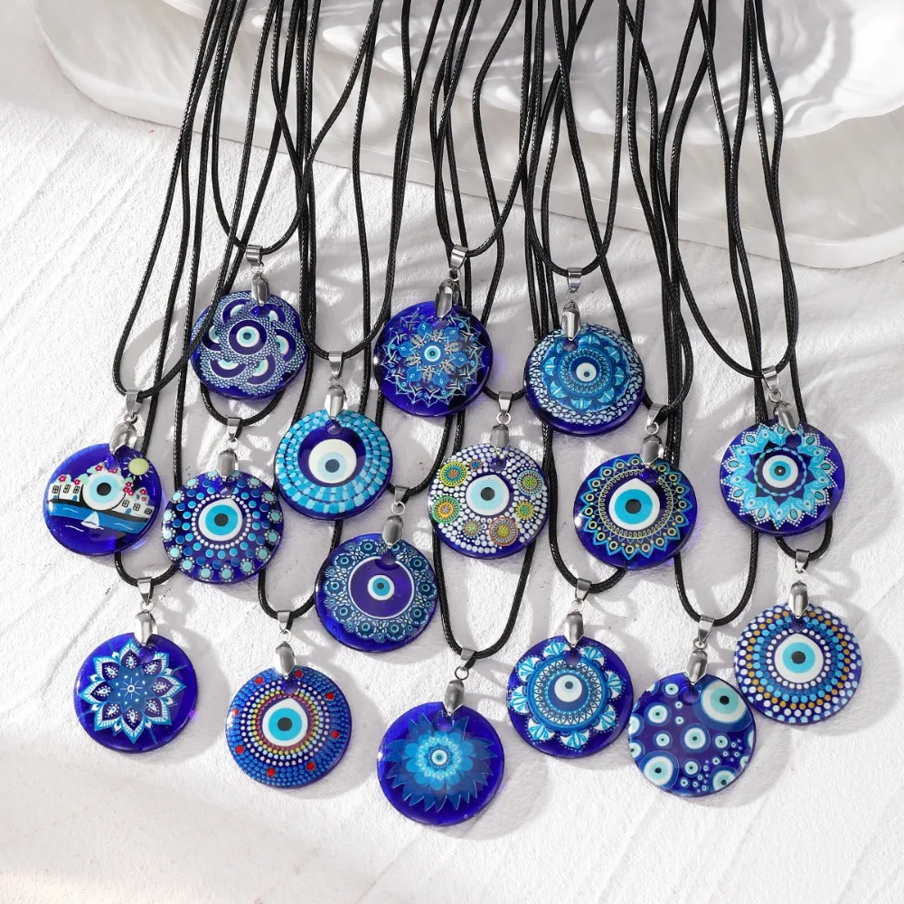 15pc Round Coloured Glass Tribal Totem Print Blue Evil Eye Charms Fashion Lucky Turkish Pendant Necklace Jewelry Making