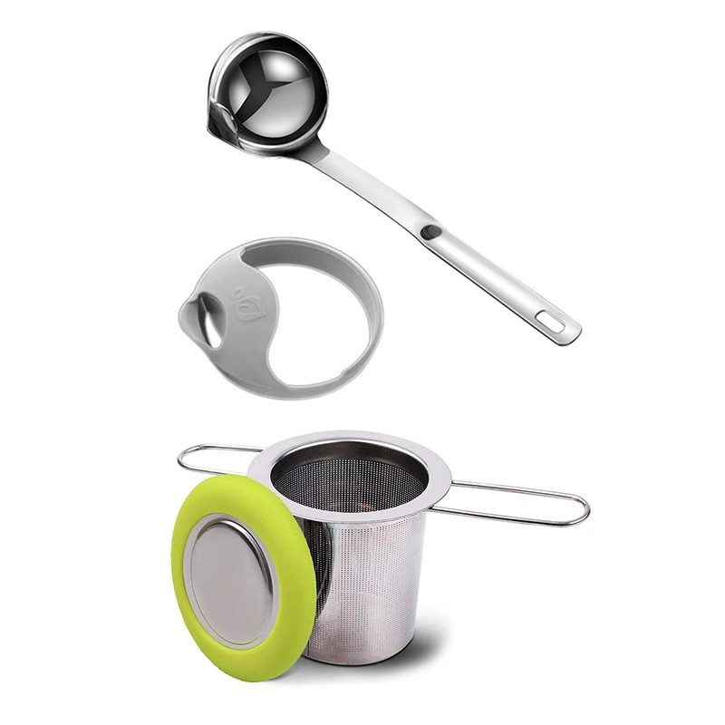 Stainless Steel Scoop Filter Grease Spoon & Tea Infuser Stainless Steel Tea Strainer Folding Handle Tea Filter (Green)