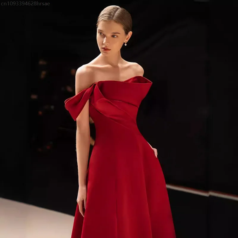 Bordeaux Slim Fit Sexy Satijn Off-Shoulder Verlovingsavondjurk Voor Vrouwen Strapless Lange Avondfeest Galajurk Nieuw