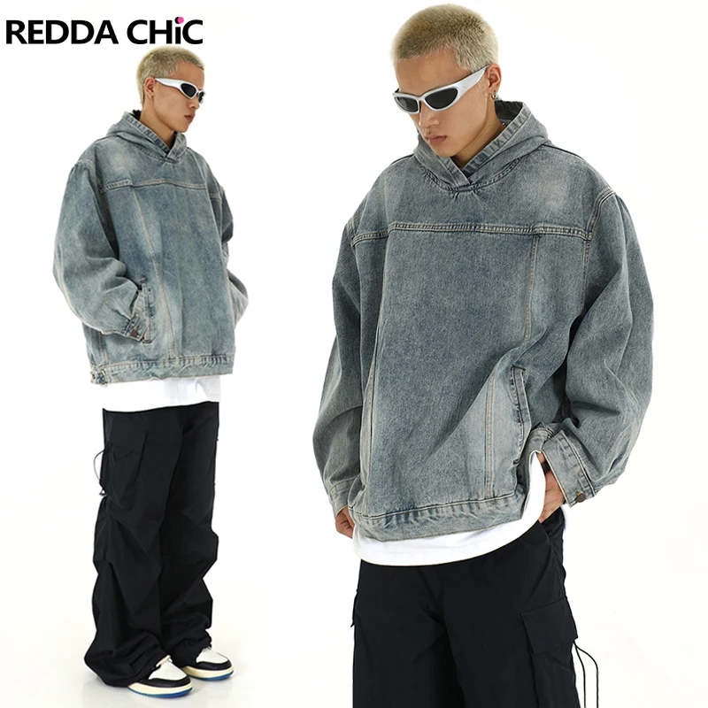 Reddaschic-Sudadera vaquera Retro de los 90 para hombre, Sudadera con capucha y bolsillos empalmados, ropa de calle informal de manga larga, Top de Hip Hop