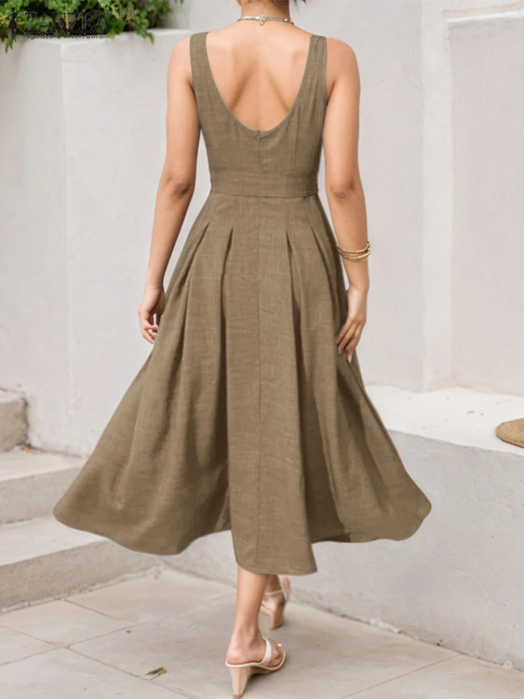 

2025 ZANZEA Elegant Women Long Dress Summer Midi Sundress Sexy Sleeveless Square Collar Casual Solid Belted Office Party Vestido